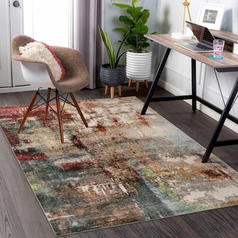grand tapis moderne patchwork abstrait salon chambre cuisine lavable intérieur gris vert beige rouge