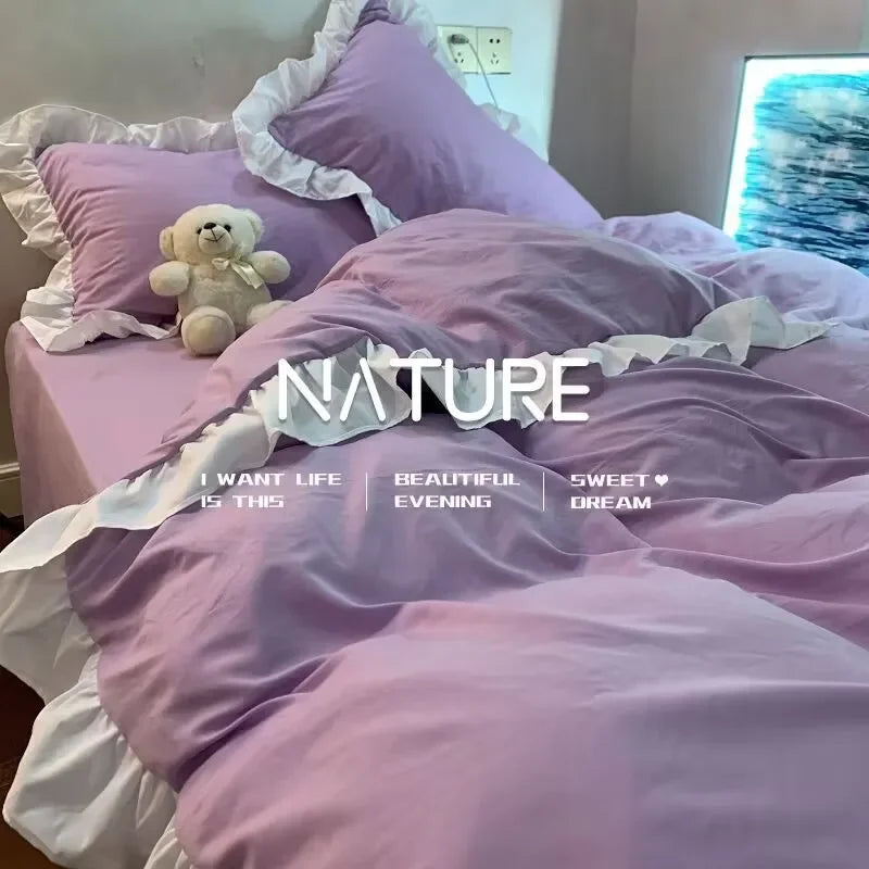 ensemble literie princesse housse couette dentelle volants fleurs blanc bleu violet chambre fille
