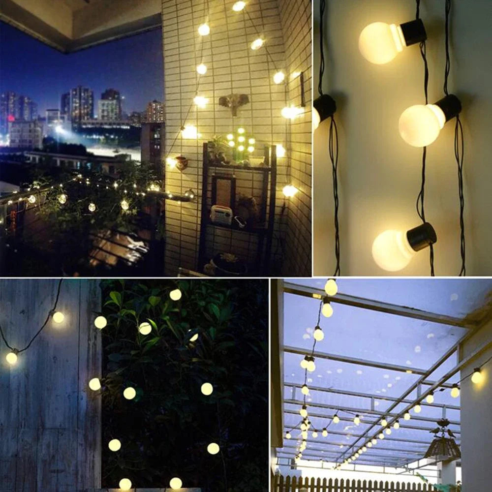 guirlande lumineuse solaire 12m 38 ampoules blanc transparent boules sphériques moderne spikesextérieur noël fêtes