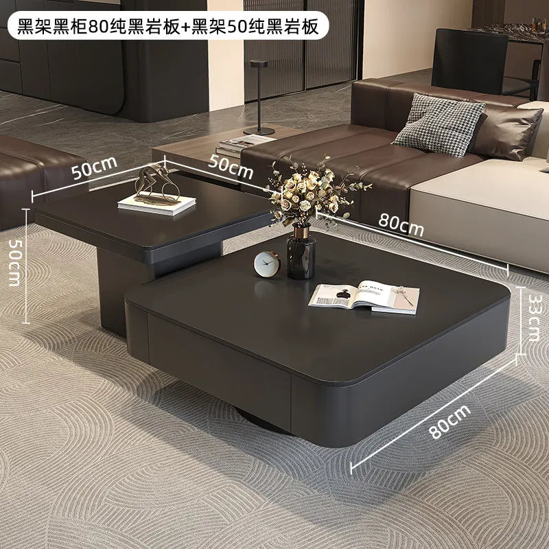 table basse carrée salon minimaliste marbre noir blanc tiroir métal solide