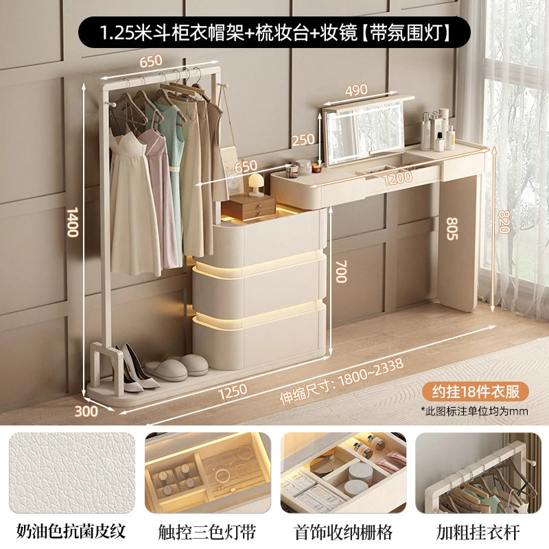 coiffeuse bois moderne beige miroir tiroirs tabouret étagère rangement chambre coucher