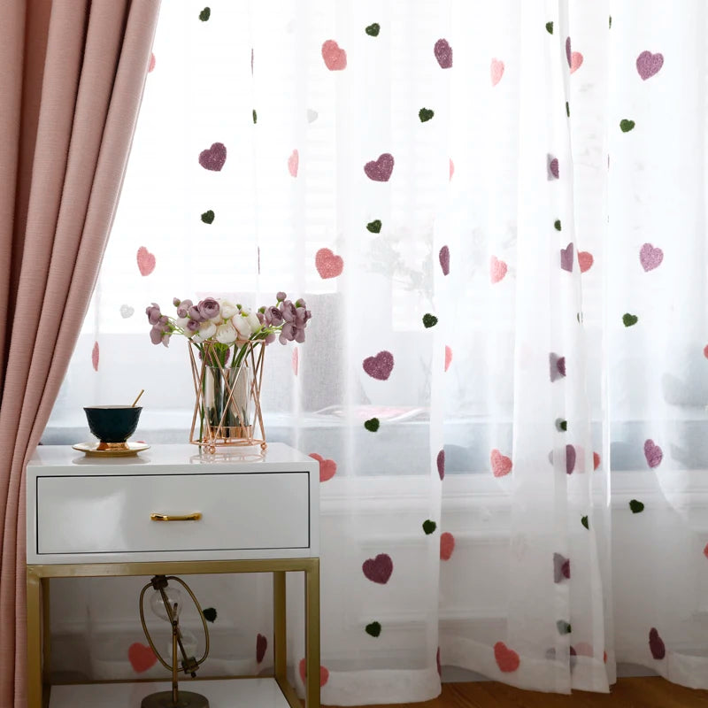 rideau transparent polyester coeurs relief moderne blanc rose violet vert chambre maison