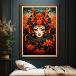 Cette œuvre d'art représente une figure féminine entourée de fleurs tropicales et de motifs floraux élaborés, créant une composition vibrante et mystique.