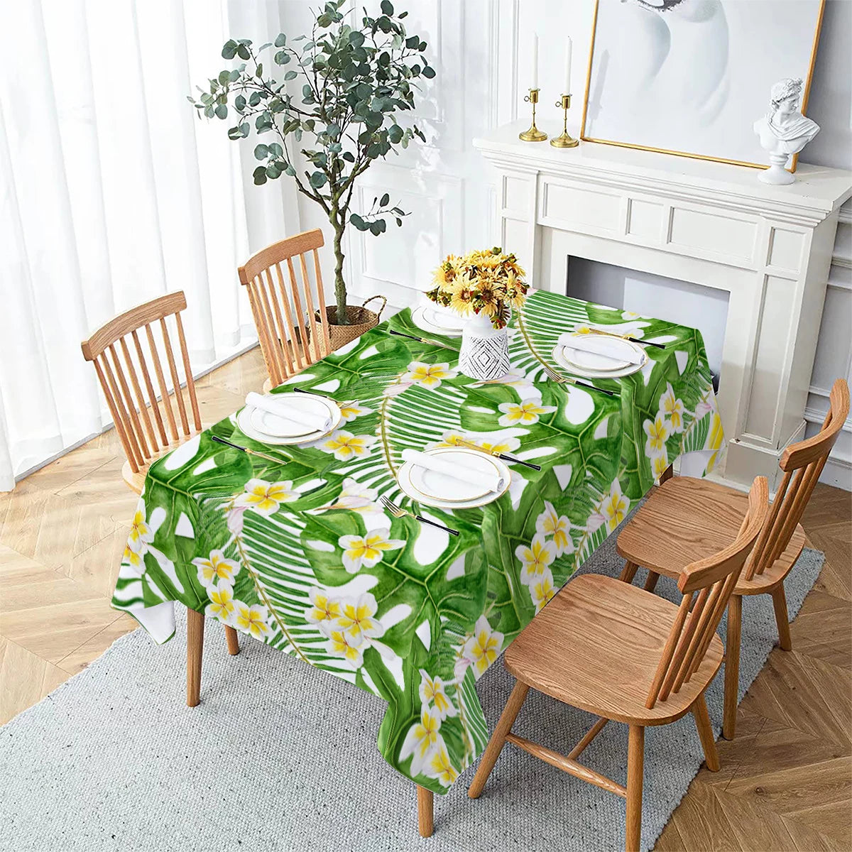 nappe rectangulaire imperméable polyester motif fleurs feuilles table manger cuisine salon mariage fête moderne
