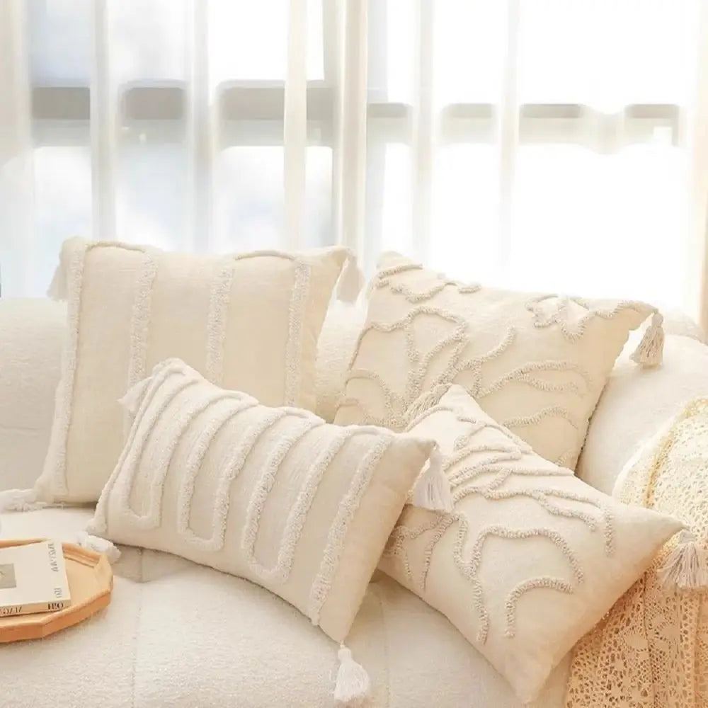 housses coussins géométriques boho chic beige motifs floraux adhésifs tassel opaques