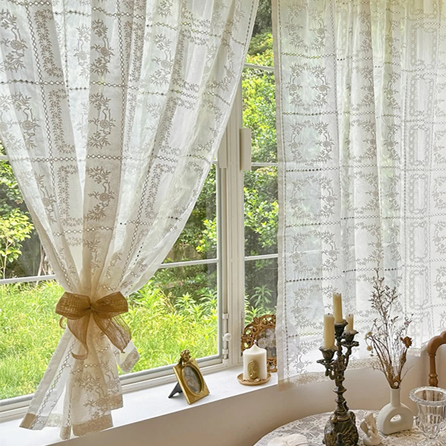 rideau floral transparent brodé polyester classique maison vintage blanc beige