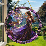 cadre circulaire boho violet noir doré fleurs papillons étoiles opalescent elfes suspension 20cm
