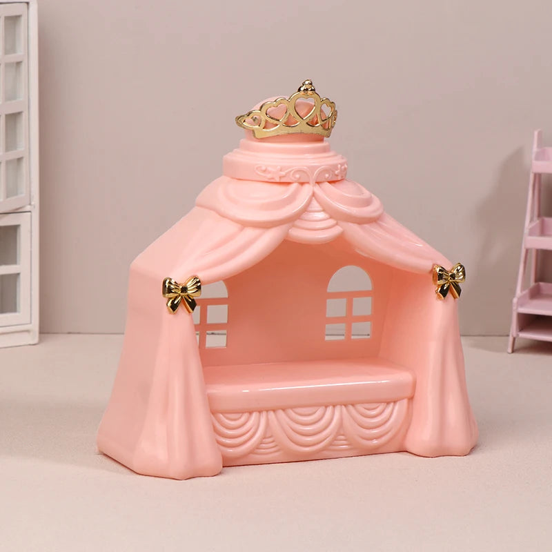 lit poupée princesse banc rose clair couronne rubans fenêtres blances résine