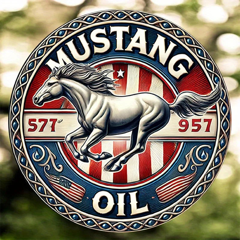 plaque métallique ronde cheval mustang drapeau américain vintage bleu blanc rouge