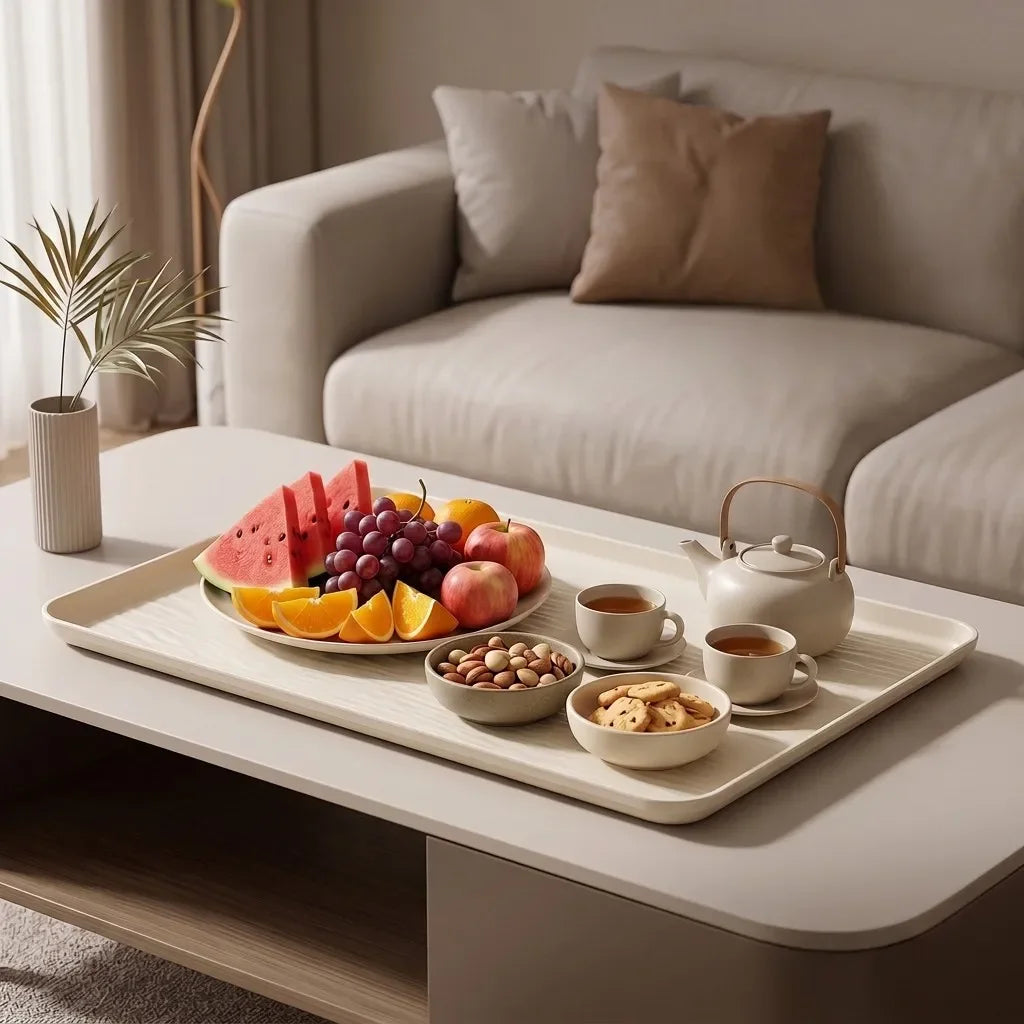 plateau service moderne beige tasses thé bol biscuits noix théière fruits opaque