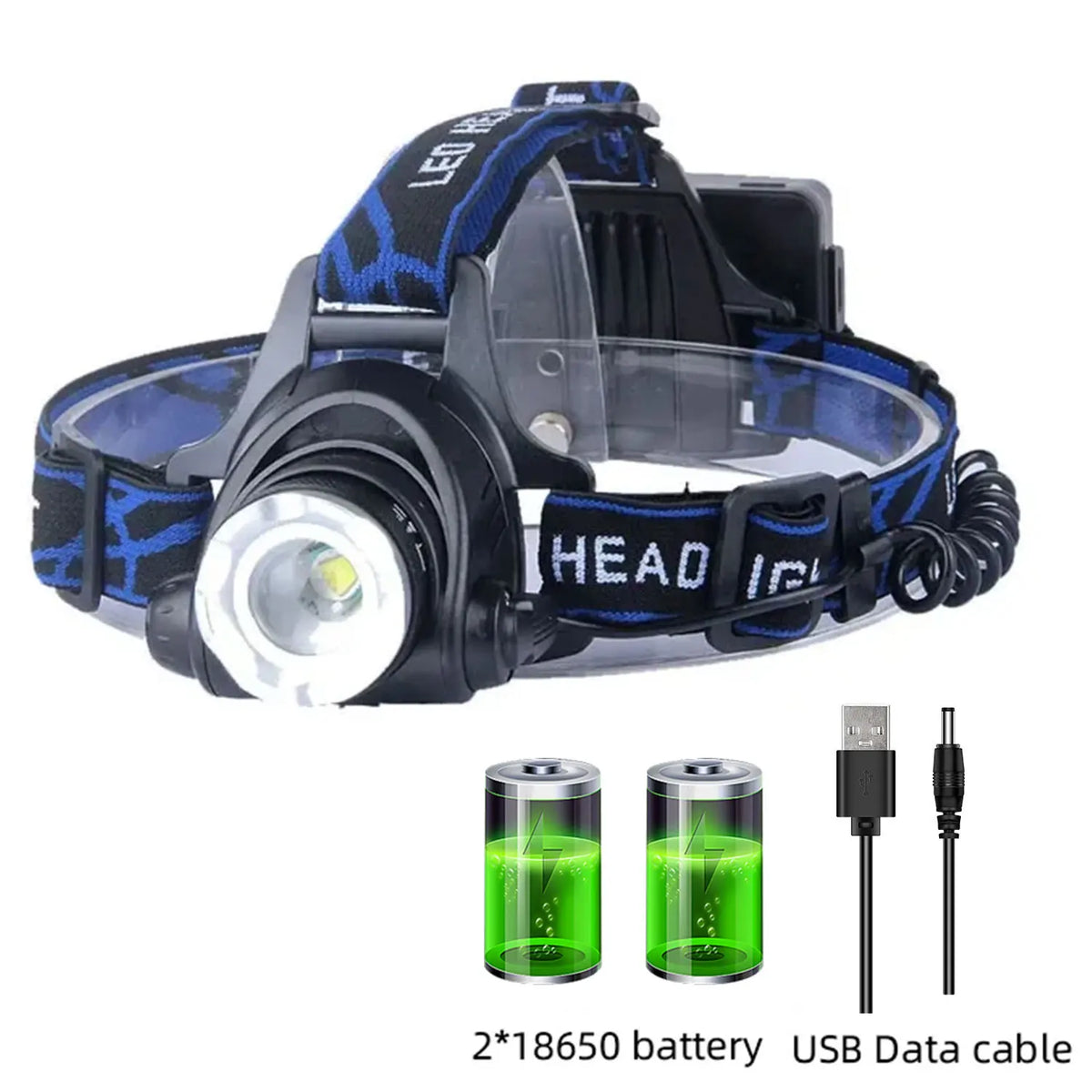 lampe frontale led rechargeable zoomable étanche hiking camping noir bleu rayures adjustable
