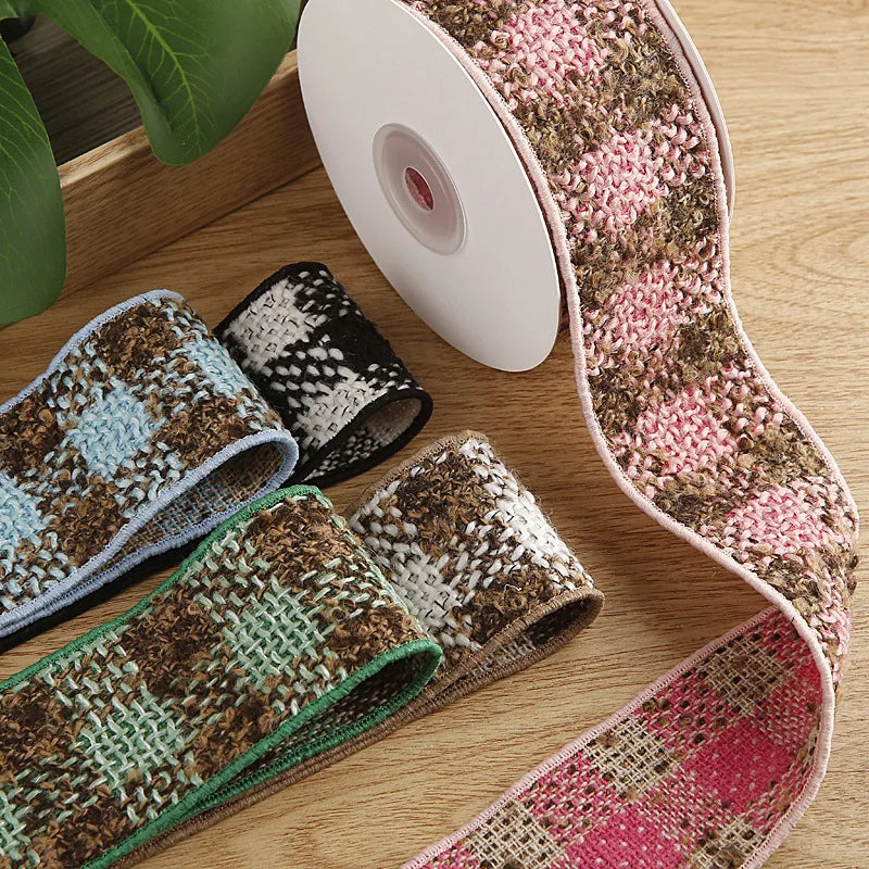 ruban carreaux polyestère noir blanc marron vert rose bleu clair tissé rustique double face
