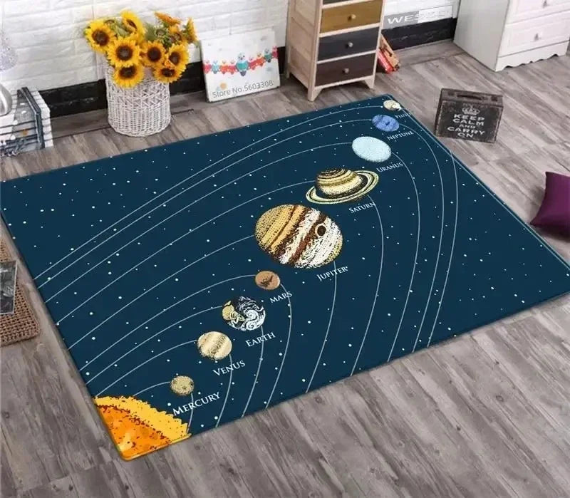 tapis moderne systèmes solaires planètes bleu foncé jaune orange gris chambre salon