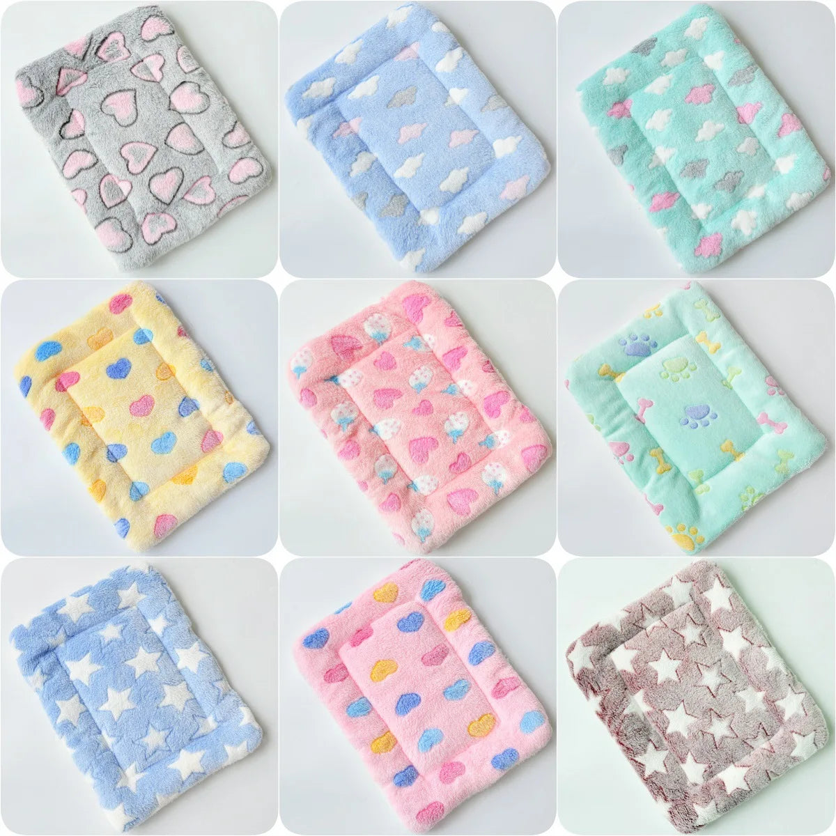 tapis épais coussin animal doux gris bleu clair rose jaune vert pastel cœur étoiles