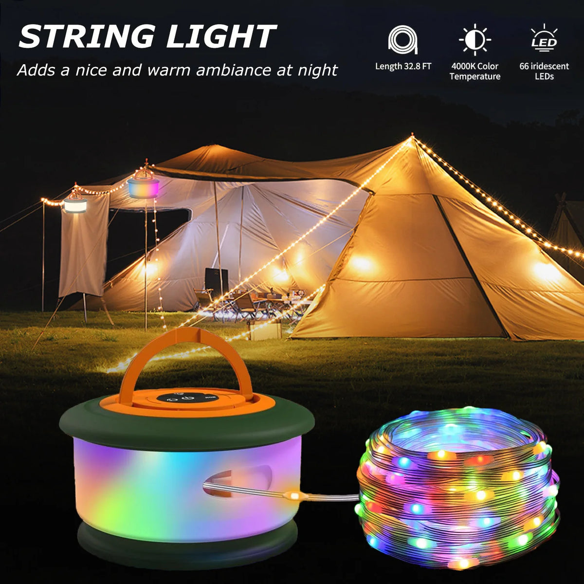 guirlande lumineuse led multicolore lampe portable camping modes éclairage rechargeableextérieur