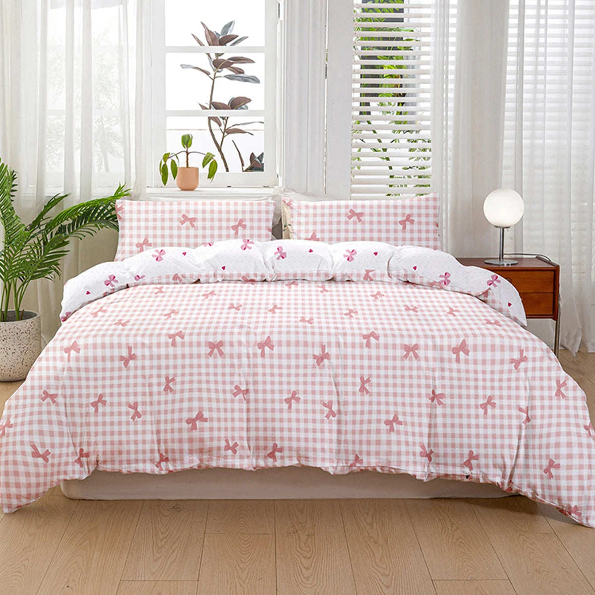 housse couette carreaux nœuds rose blanc moderne literie polyester douce 135x200cm 150x200cm 160x220cm