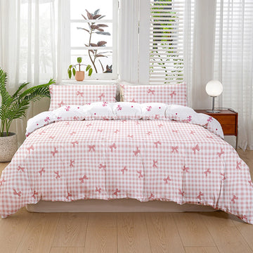 housse couette carreaux nœuds rose blanc moderne literie polyester douce 135x200cm 150x200cm 160x220cm
