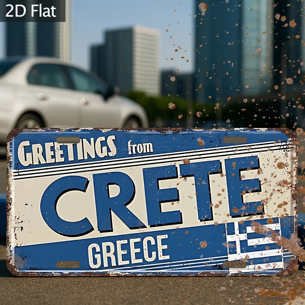 plaque décorative aluminium bleu blanc vintage drapeau grec crete lettres horizontales effet vieilli 30x15cm
