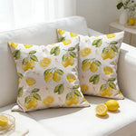 coussin décoratif carré motif citronnier bleu jaune vert moderne canapé salon intérieur extérieur