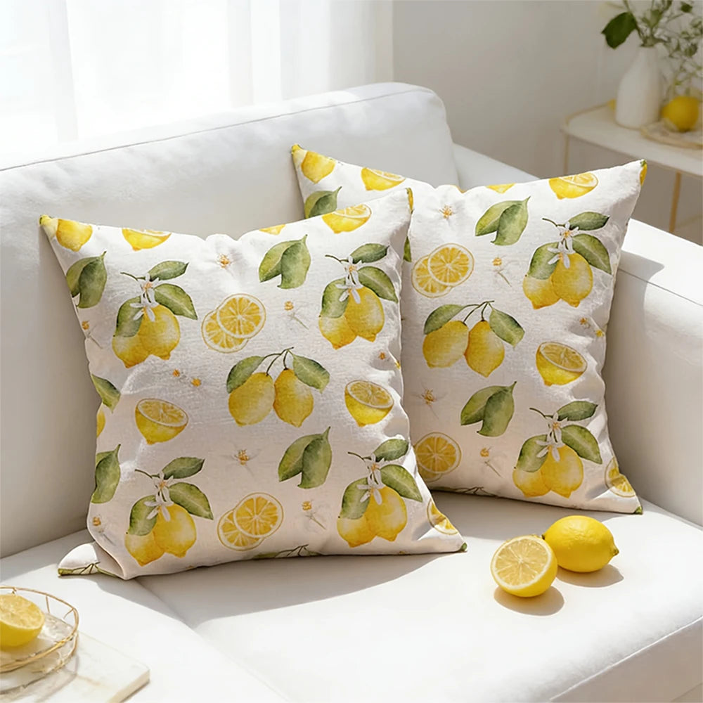 coussin décoratif carré motif citronnier bleu jaune vert moderne canapé salon intérieur extérieur