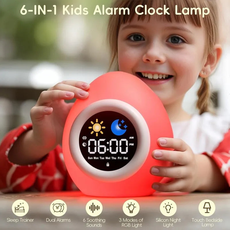 lampe réveil enfant forme ovoïde écran led couleurs chaudes minimaliste sons apaisants veilleuse tactile