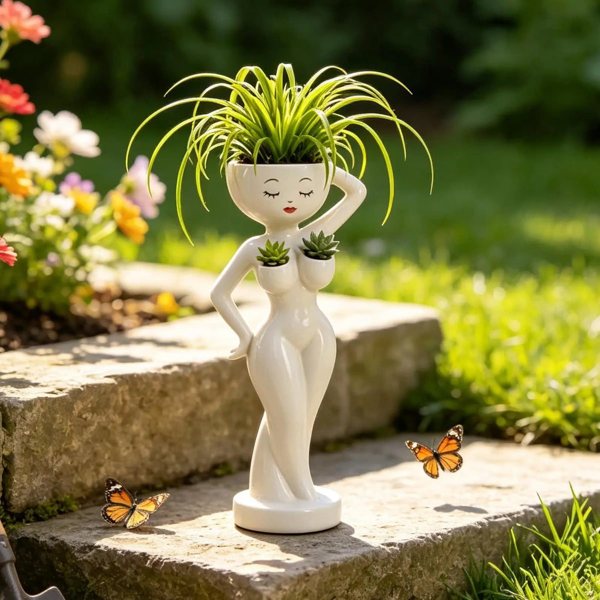 pots fleurs statuette blanche visage stylisé moderne minimaliste intérieur salon