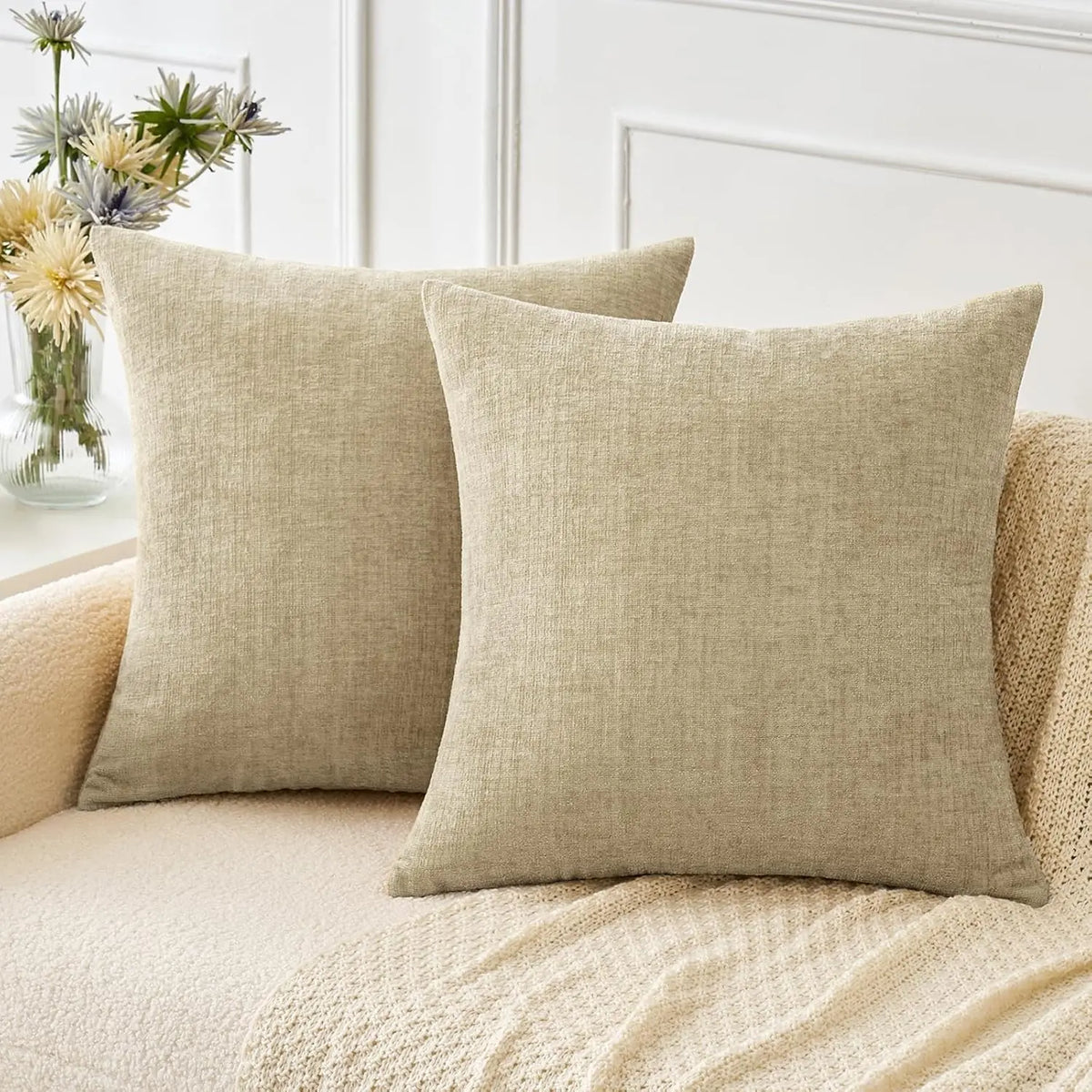 housse coussin carré vert olive texture lin moderne zip invisible canapé décoration maison
