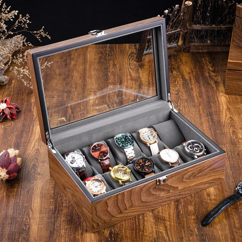 boîte montres 10 slots bois marron velours gris verre transparent classique clips verrouillage