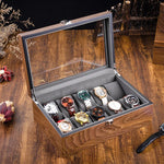boîte montres 10 slots bois marron velours gris verre transparent classique clips verrouillage
