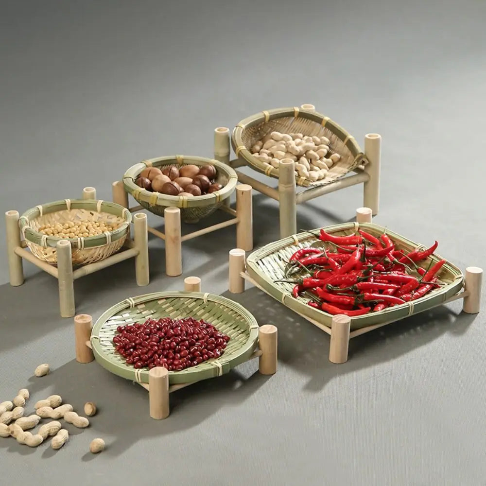 assiettes bambou tissées vert clair beige assiettes traditionnelles empilables multifonctionnels pieds bois