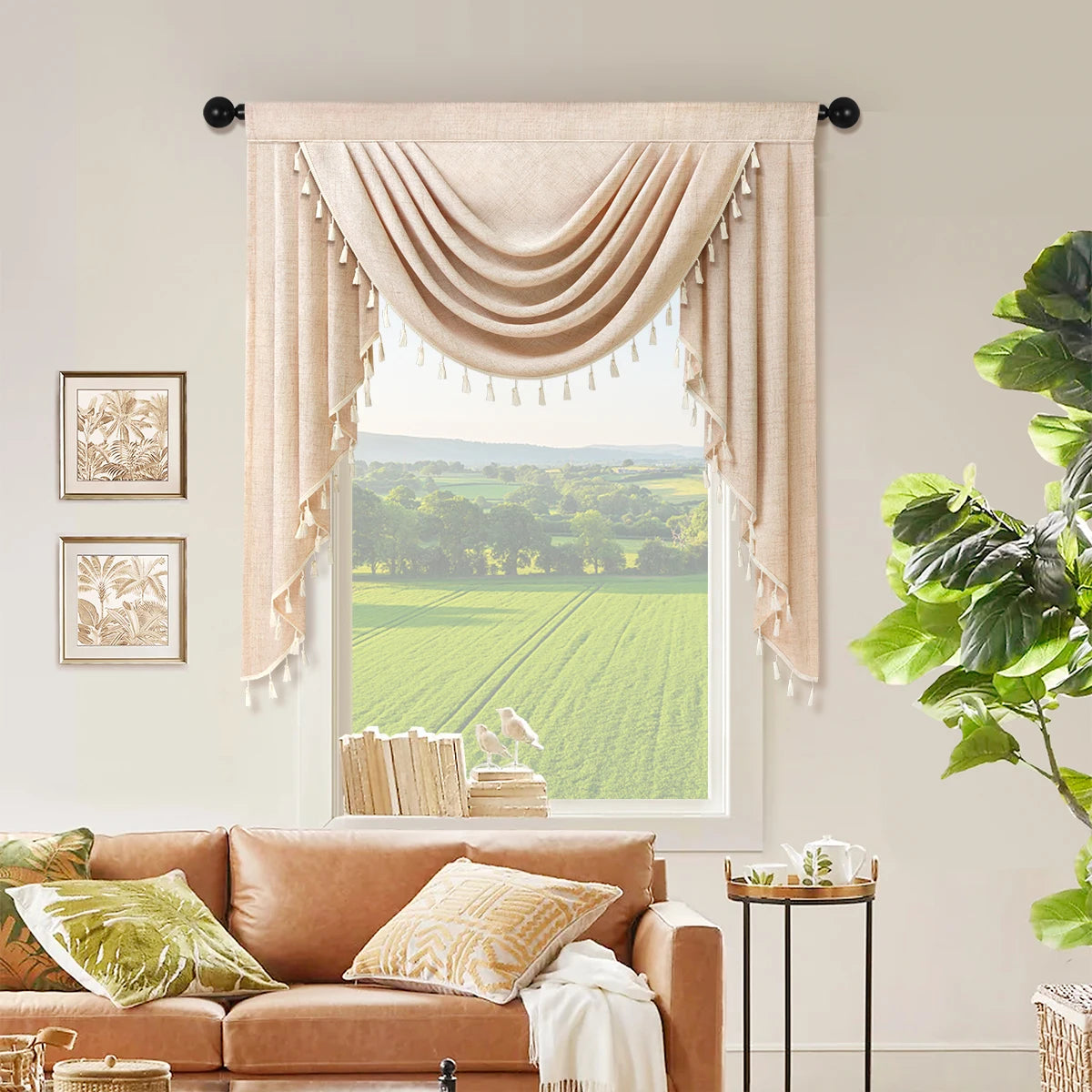 rideau polyester beige clair classique opacique 105cm largeur variable decoration fenetre cuisine salon