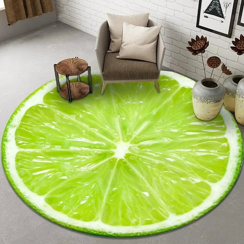 tapis rond moderne tranches fruits mandala antidérapant polypropylène 40x40cm 80x80cm 120x120cm vert orange rouge