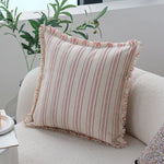 coussin housse coton polyester beige rayures rouges franges rustique maison salon chambre voiture
