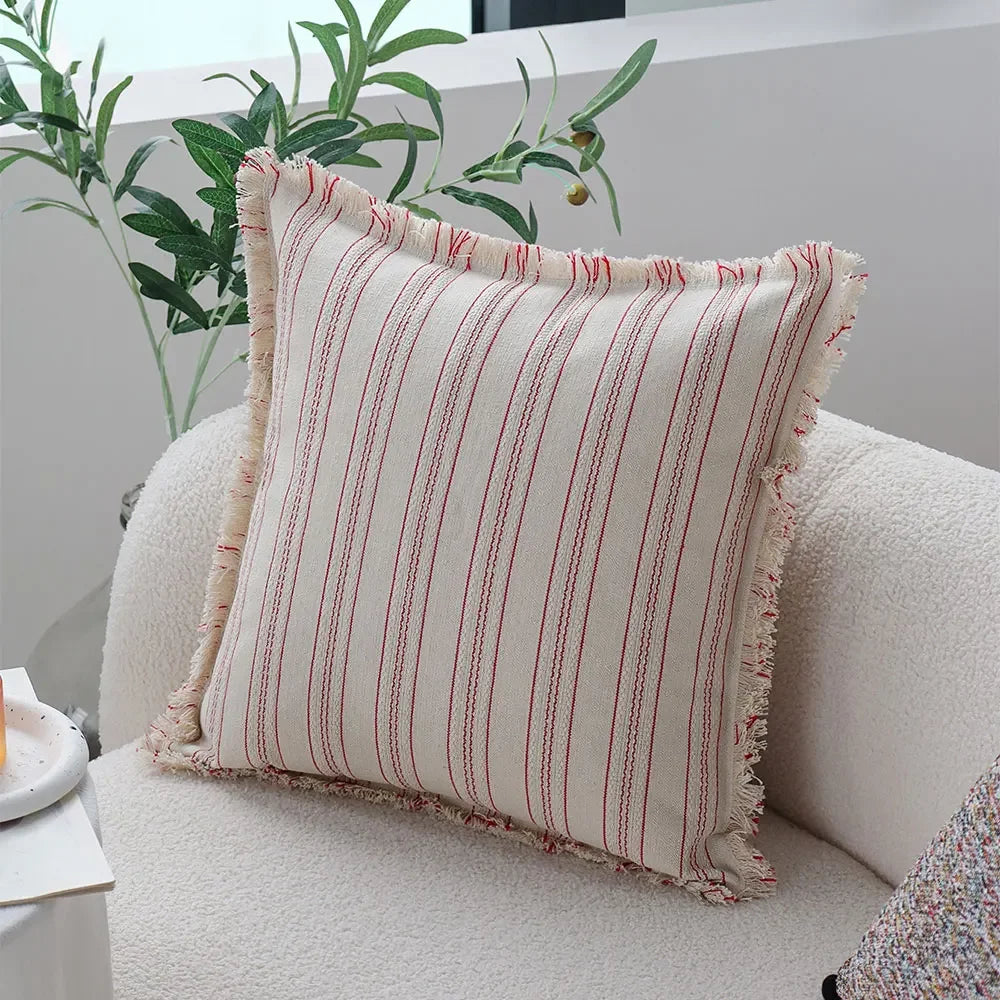 coussin housse coton polyester beige rayures rouges franges rustique maison salon chambre voiture