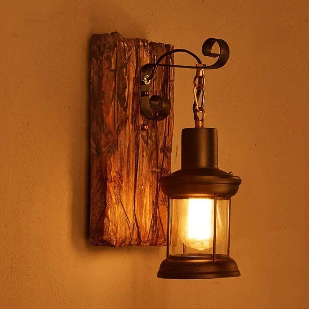 lampe murale vintage bois métal noir verre transparent bar restaurant rustique