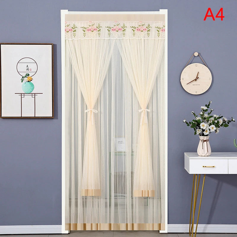 rideau porte anti moustiques blanc jaune violet rose broderie cerfs fleurs transparent classique ruban
