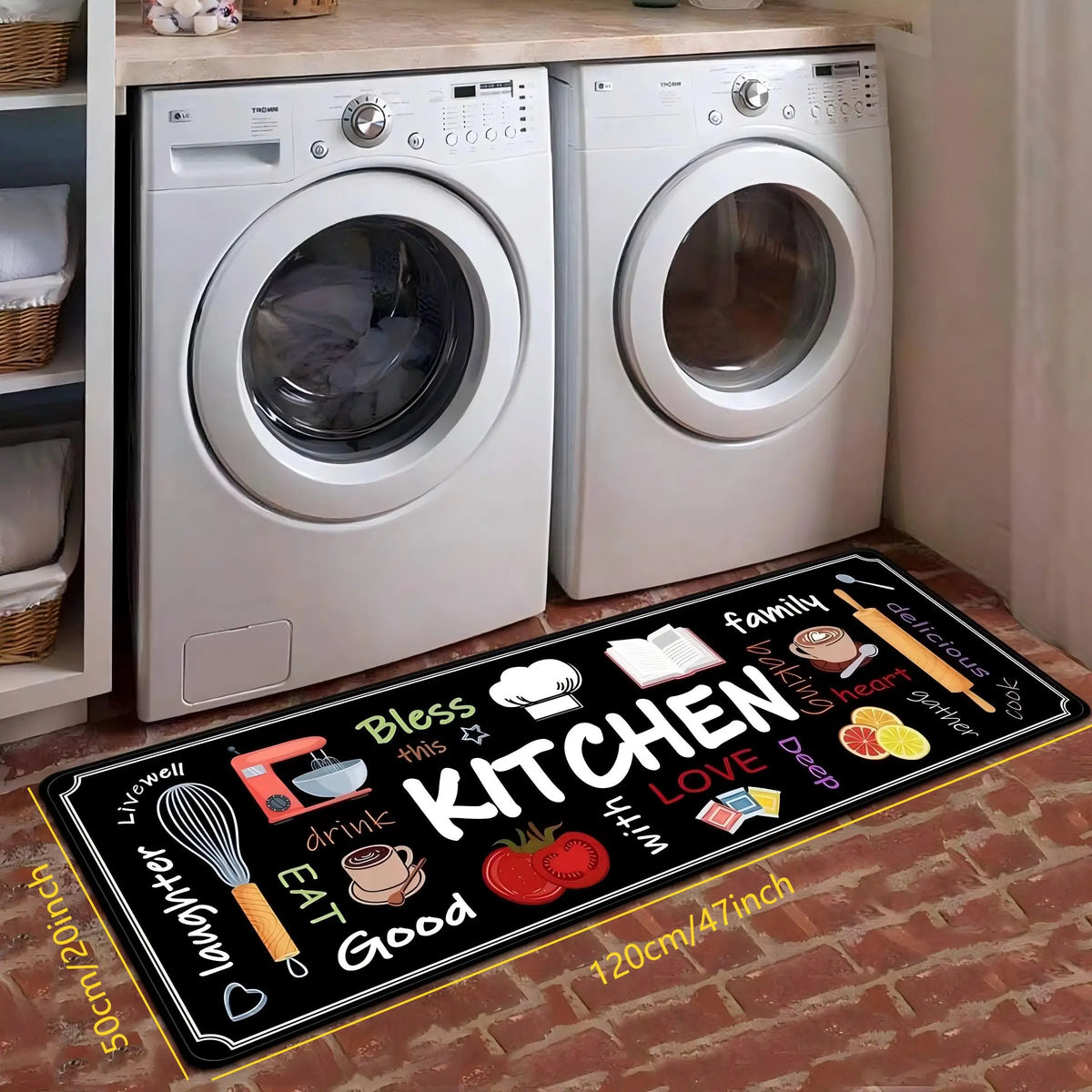 tapis cuisine imprimé moderne motifs kitchen noir blanc polyvinyle polyester durable