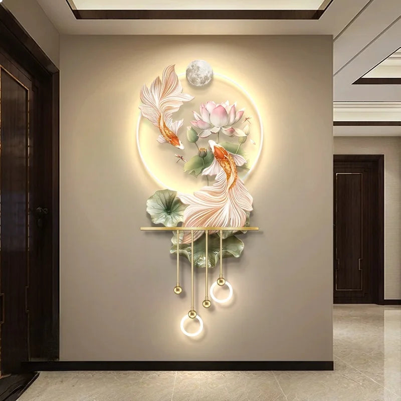 décoration murale moderne poissons floral feuilles lumineuse led beige rose verte doré