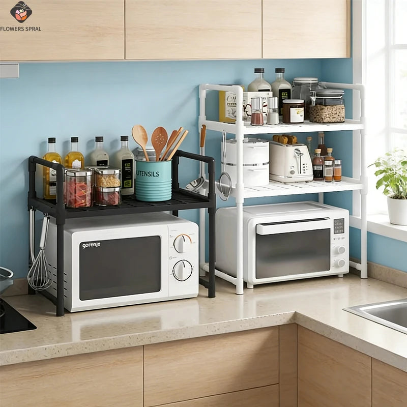 étagère cuisine moderne trois niveaux blanc noir rangement micro onde couteaux bouteilles serviettes