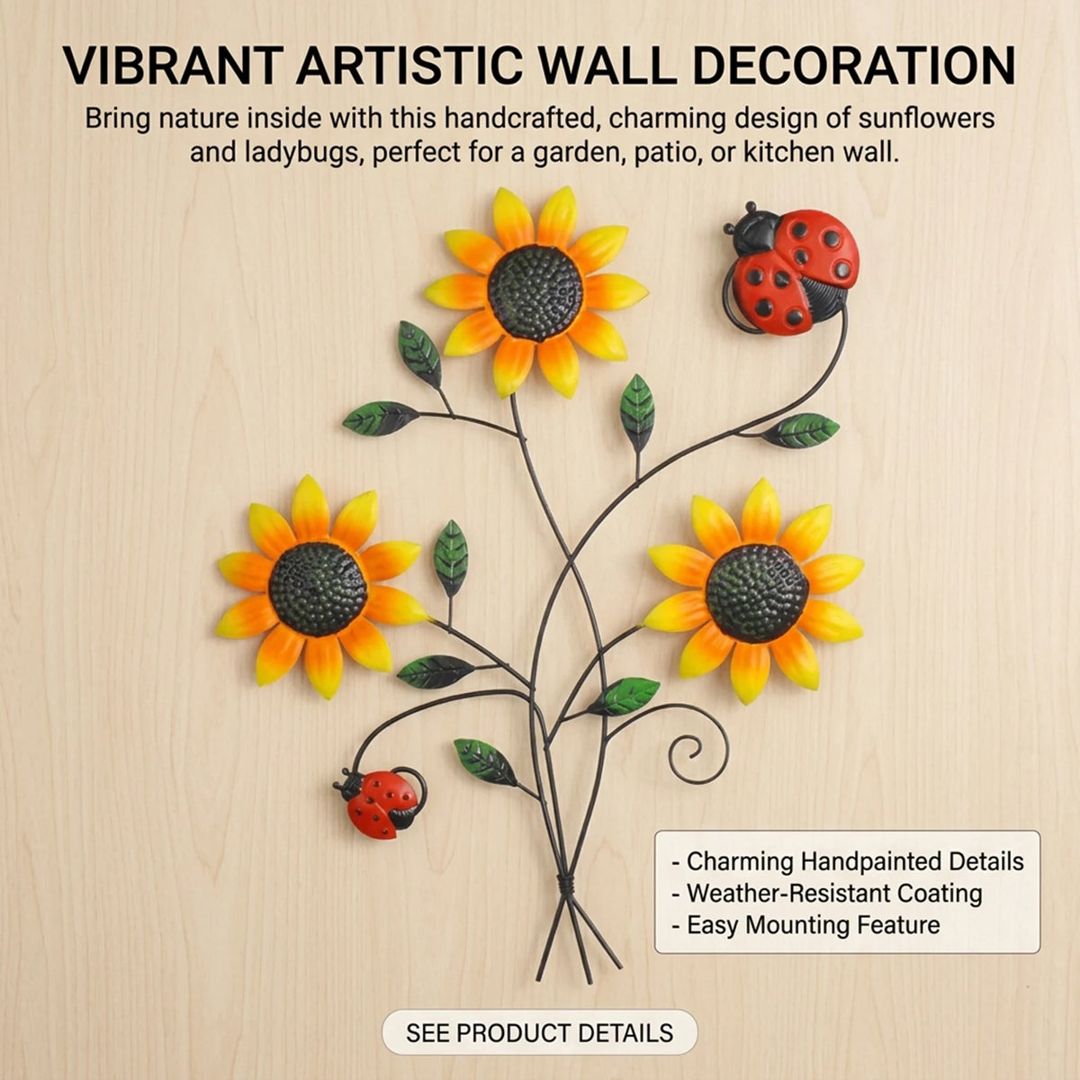 décoration murale tournesols coccinelles papillons jaune noir vert métal résistant naturel élégant intempéries fixations