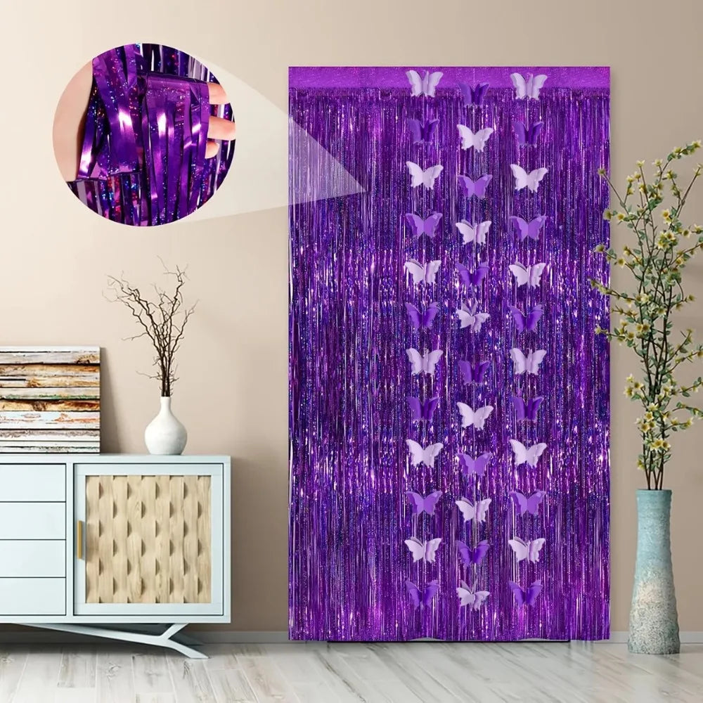 rideau decoratif violet papillons relief brillant moderne festif mariage anniversaire noel 78in 39in 110in