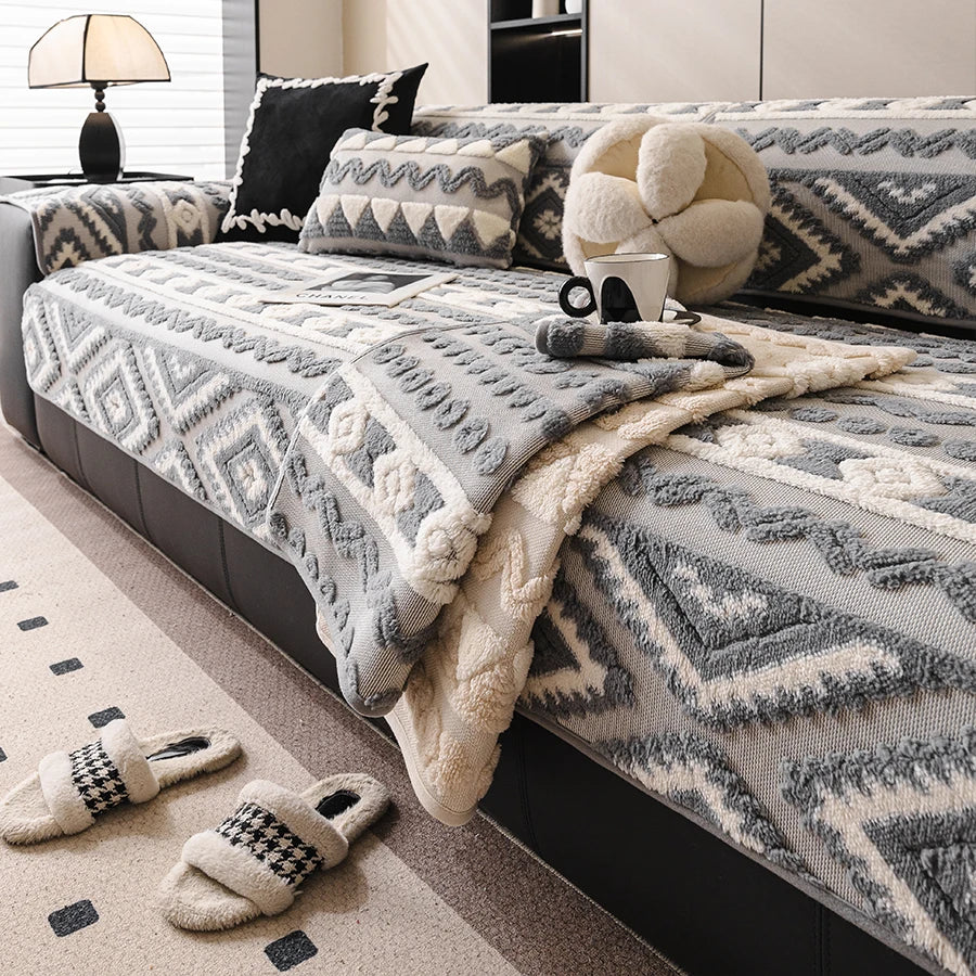 couvre lit moderne motif géométrique doux beige gris marron clair accueil lavable machine