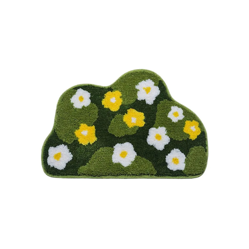 tapis bain pelucheux motif fleurs vert blanc jaune doux salle bain maison