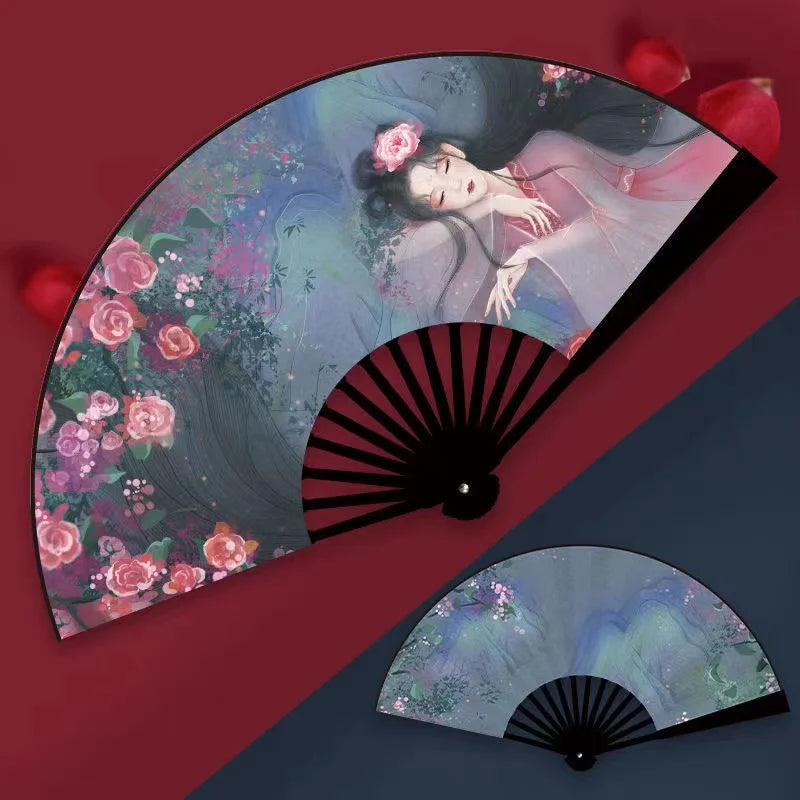 éventail traditionnel artisanal peinture artistique motifs floraux ruban décoratif couleurs vives