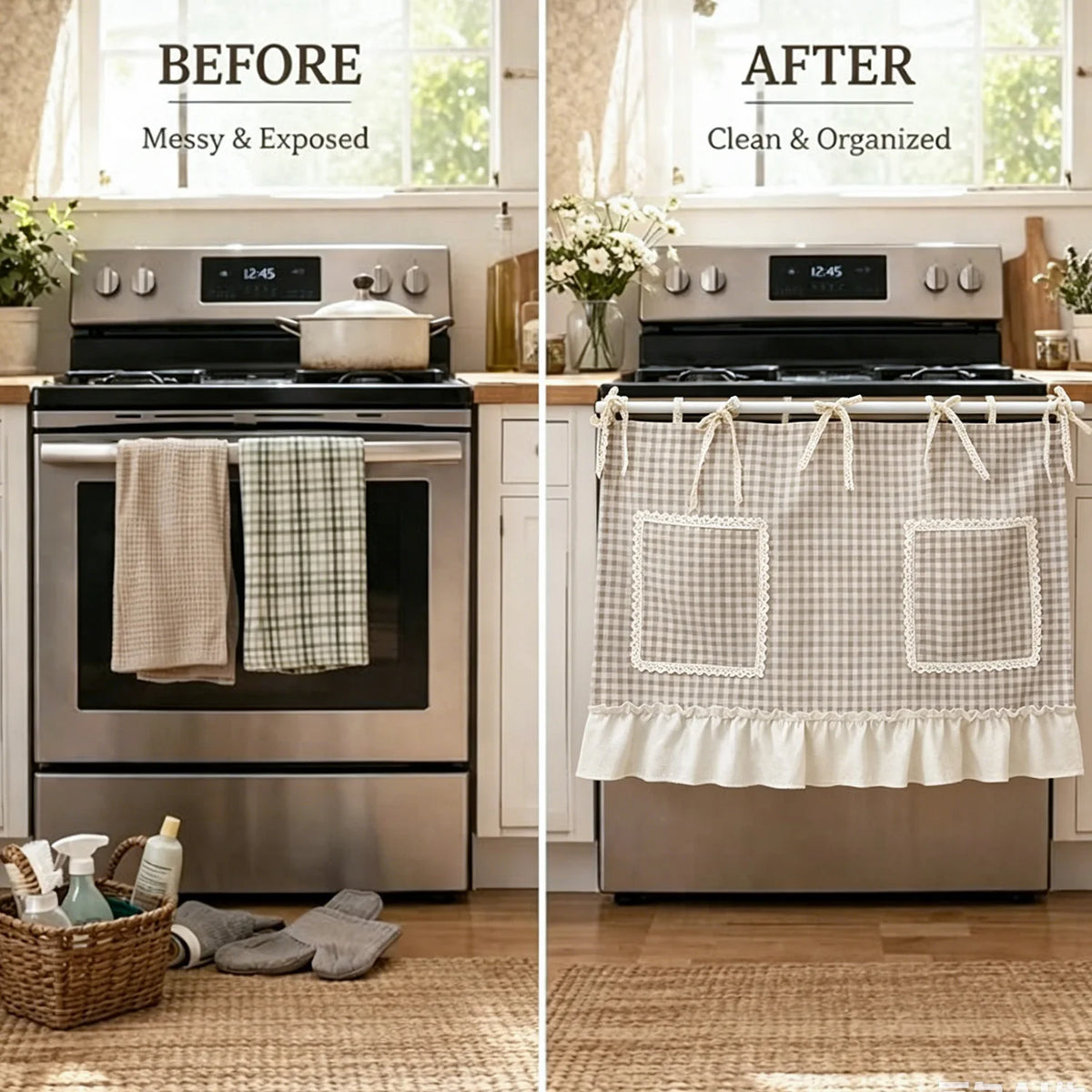 sac ustensiles cuisine carreaux gris blanc vintage rubans noués poches rangement multifonctionnel 70x140cm