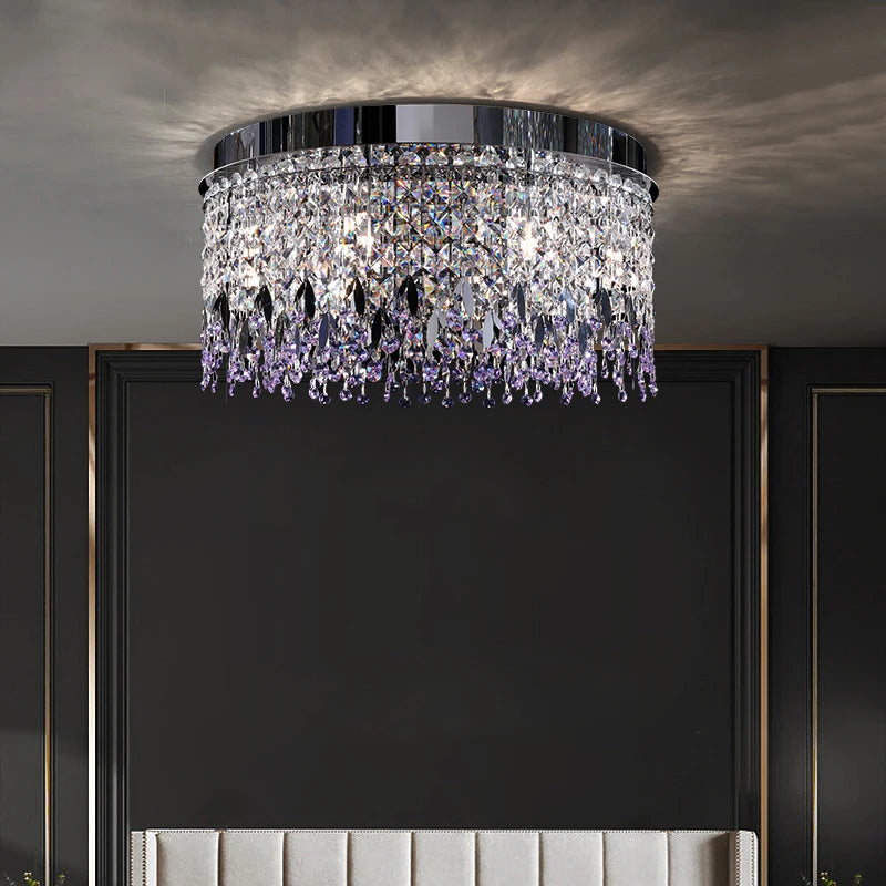 lustre moderne crystal transparent argenté feuilles métalliques opaques éclairage salon restaurant chambre