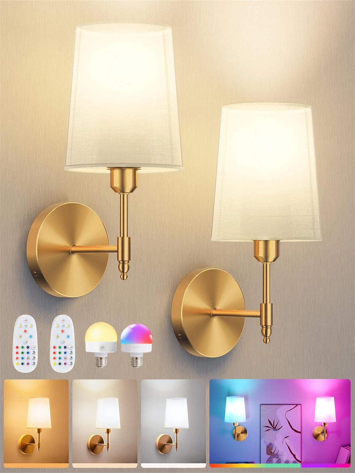 appliques murales rechargeables led rgb doré blanc modernes télécommande tissu métal brossé deux pièces