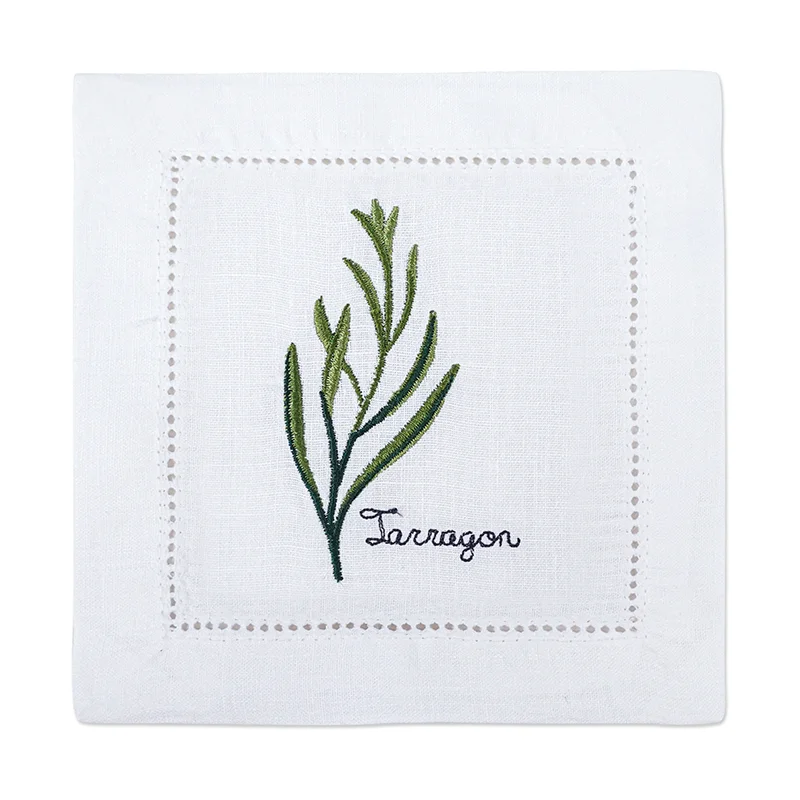 serviette cuisine lin blanc brodée motifs plantes aromatiques naturelle table élégante