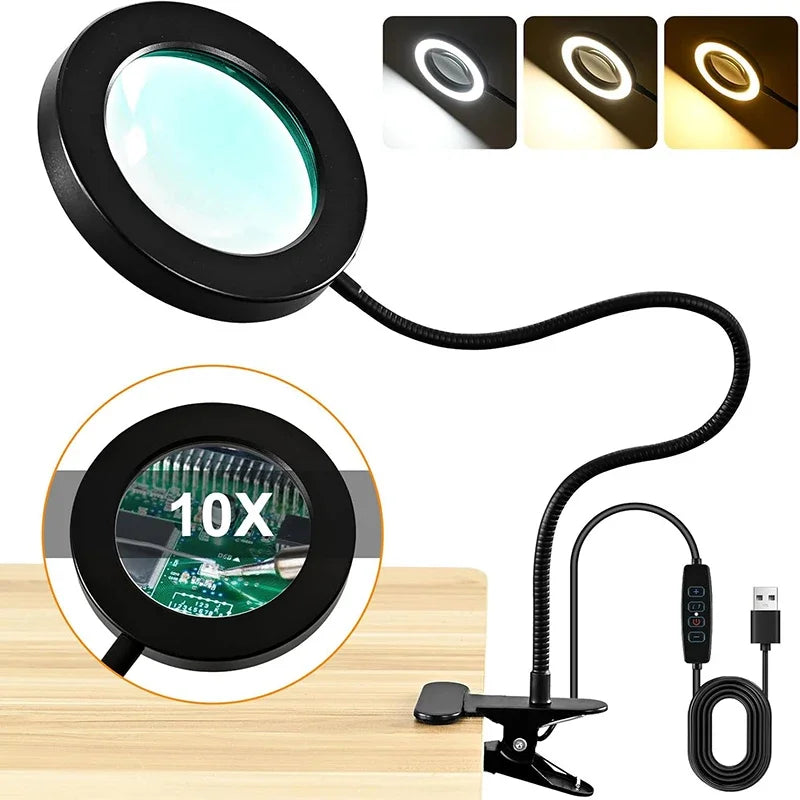 lampe multifonctionnelle loupe 10x clip modes couleurs variateur luminosité led noir moderne