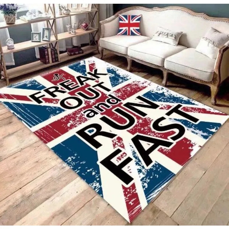 Tapis coloré avec imprimé du drapeau britannique et texte en anglais.